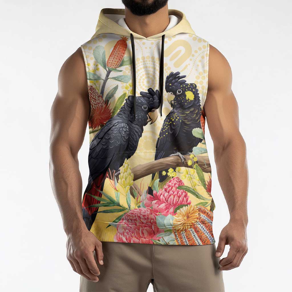 Black Cockatoo Banksia Australia Sleeveless Hoodie Aboriginal Art - Aussie Hoodie