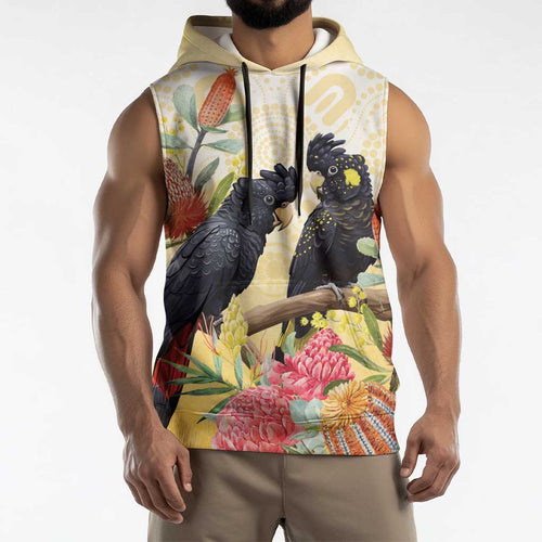 Black Cockatoo Banksia Australia Sleeveless Hoodie Aboriginal Art - Aussie Hoodie