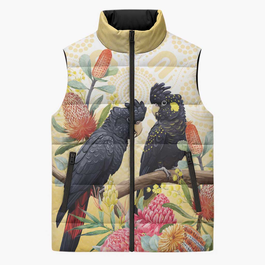 Black Cockatoo Banksia Australia Sleeveless Puffer Jacket Aboriginal Art - Aussie Hoodie