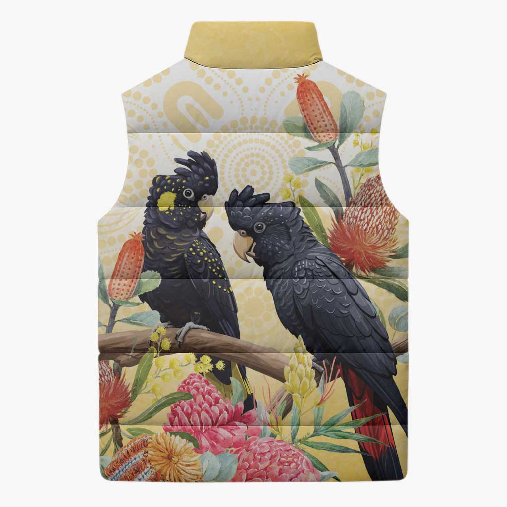 Black Cockatoo Banksia Australia Sleeveless Puffer Jacket Aboriginal Art - Aussie Hoodie