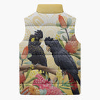 Black Cockatoo Banksia Australia Sleeveless Puffer Jacket Aboriginal Art - Aussie Hoodie