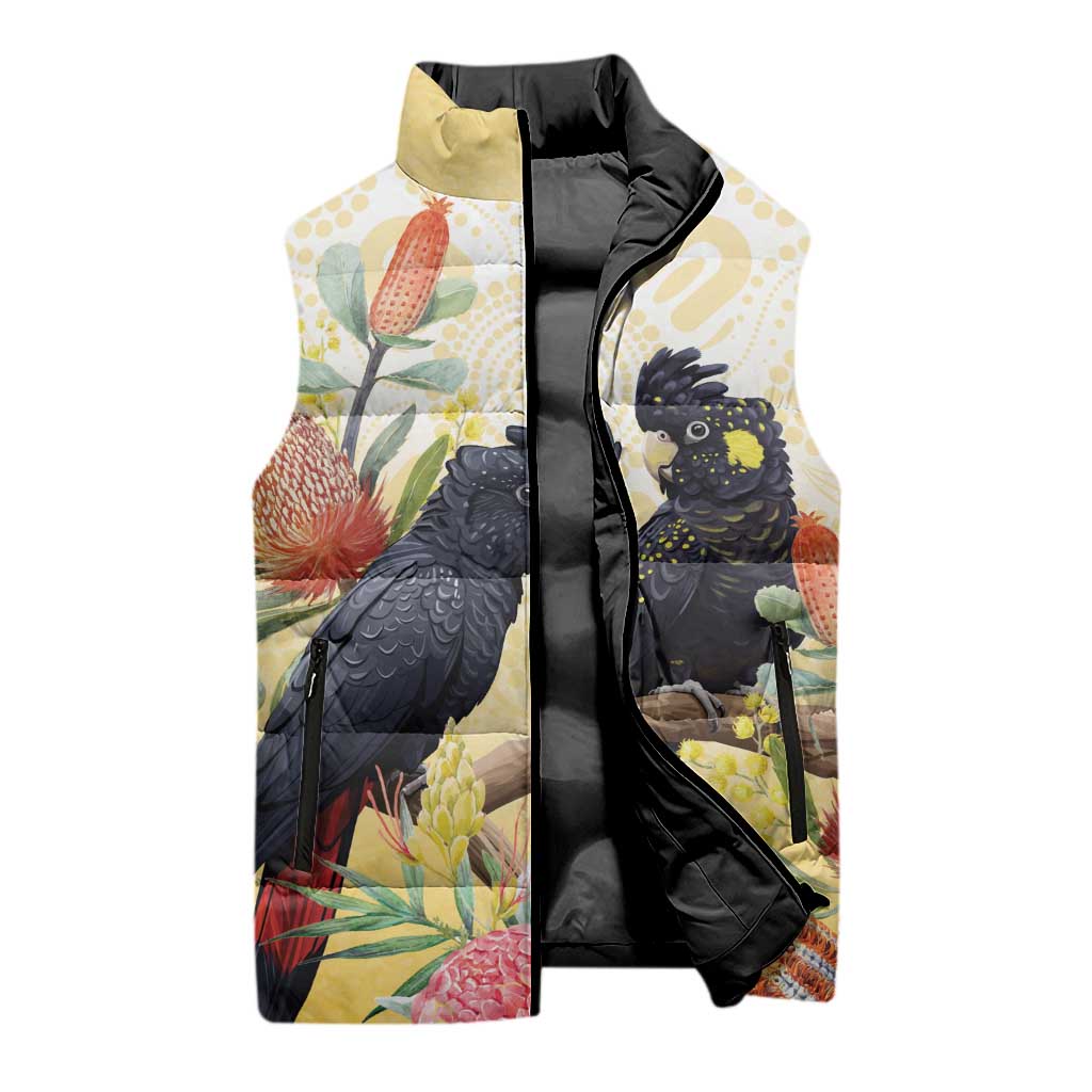 Black Cockatoo Banksia Australia Sleeveless Puffer Jacket Aboriginal Art - Aussie Hoodie
