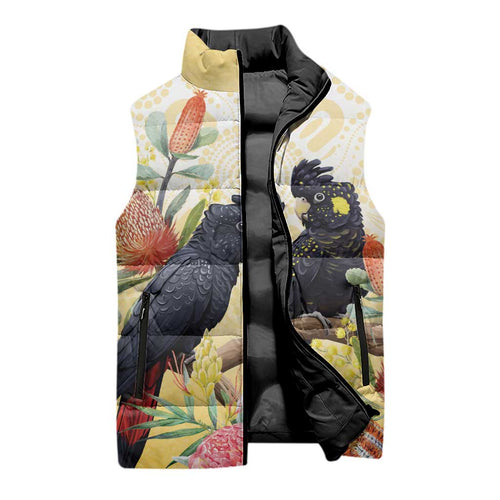 Black Cockatoo Banksia Australia Sleeveless Puffer Jacket Aboriginal Art - Aussie Hoodie