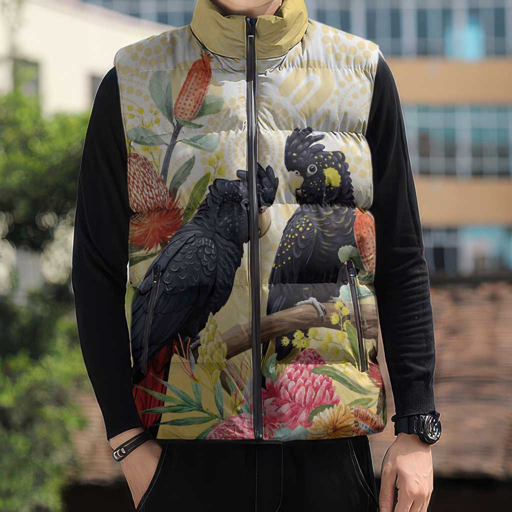 Black Cockatoo Banksia Australia Sleeveless Puffer Jacket Aboriginal Art - Aussie Hoodie