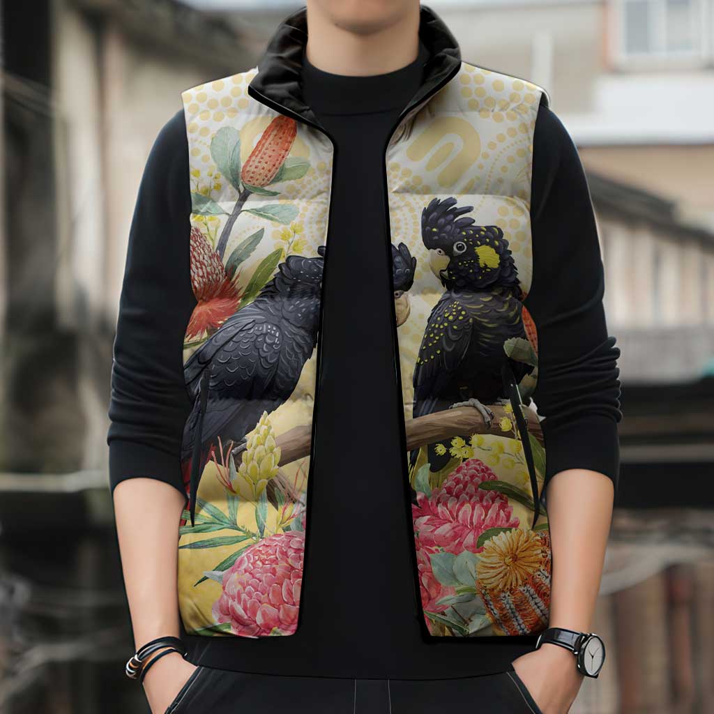 Black Cockatoo Banksia Australia Sleeveless Puffer Jacket Aboriginal Art - Aussie Hoodie