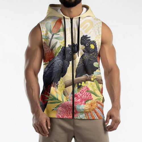 Black Cockatoo Banksia Australia Sleeveless Zip Hoodie Aboriginal Art LT14