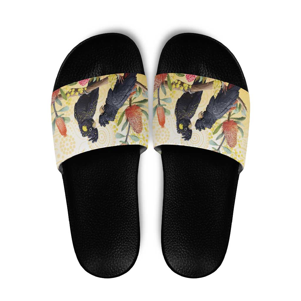 Black Cockatoo Banksia Australia Slide Sandals Aboriginal Art - Aussie Hoodie
