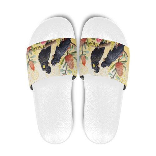 Black Cockatoo Banksia Australia Slide Sandals Aboriginal Art - Aussie Hoodie