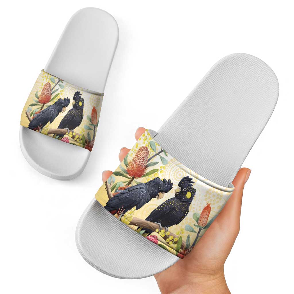 Black Cockatoo Banksia Australia Slide Sandals Aboriginal Art - Aussie Hoodie