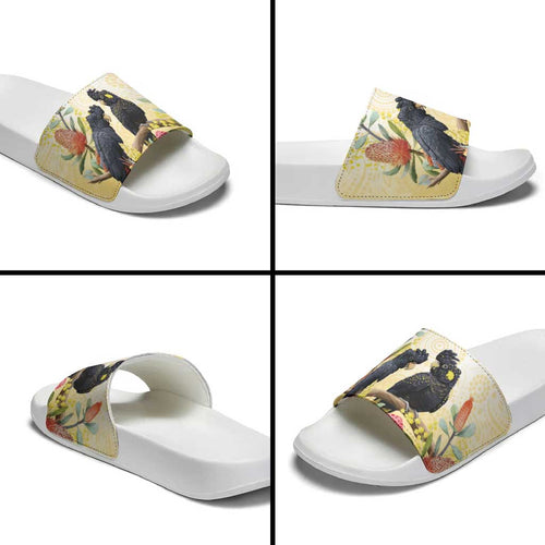 Black Cockatoo Banksia Australia Slide Sandals Aboriginal Art - Aussie Hoodie
