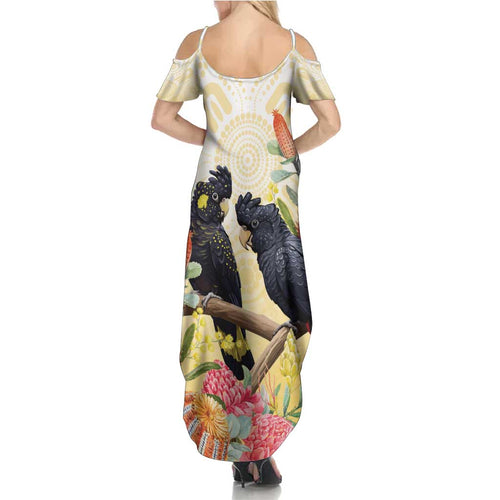 Black Cockatoo Banksia Australia Summer Maxi Dress Aboriginal Art