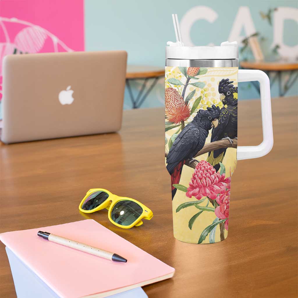 Black Cockatoo Banksia Australia Tumbler With Handle Aboriginal Art
