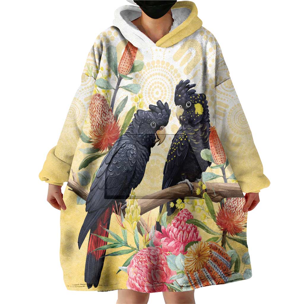 Black Cockatoo Banksia Australia Wearable Blanket Hoodie Aboriginal Art