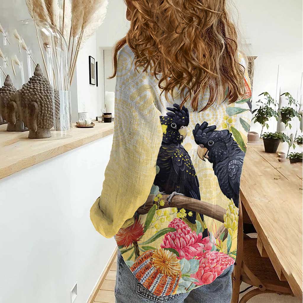 Black Cockatoo Banksia Australia Women Casual Shirt Aboriginal Art
