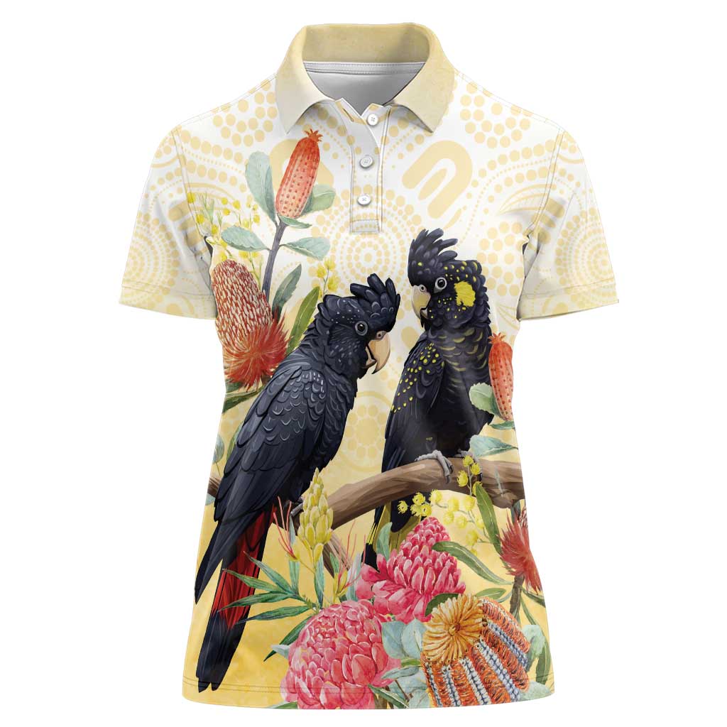 Black Cockatoo Banksia Australia Women Polo Shirt Aboriginal Art