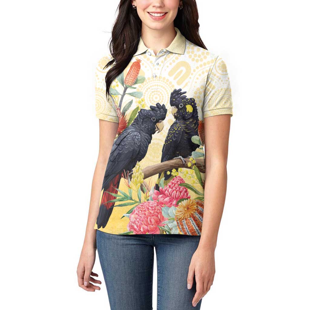 Black Cockatoo Banksia Australia Women Polo Shirt Aboriginal Art
