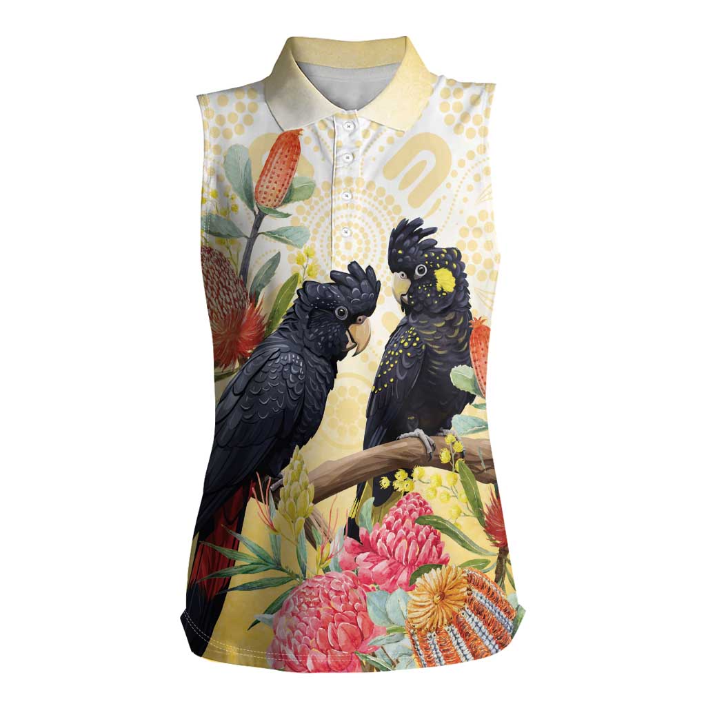 Black Cockatoo Banksia Australia Women Sleeveless Polo Shirt Aboriginal Art