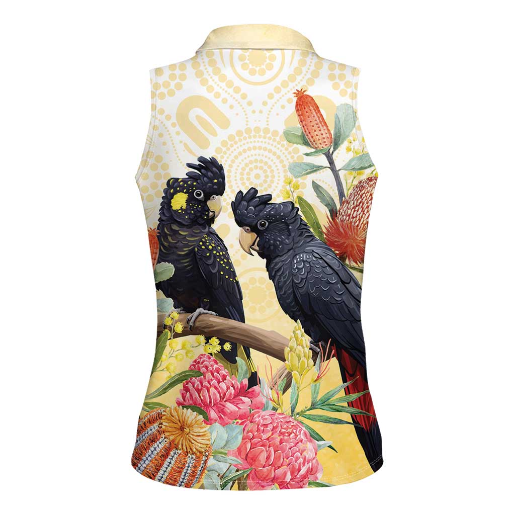 Black Cockatoo Banksia Australia Women Sleeveless Polo Shirt Aboriginal Art