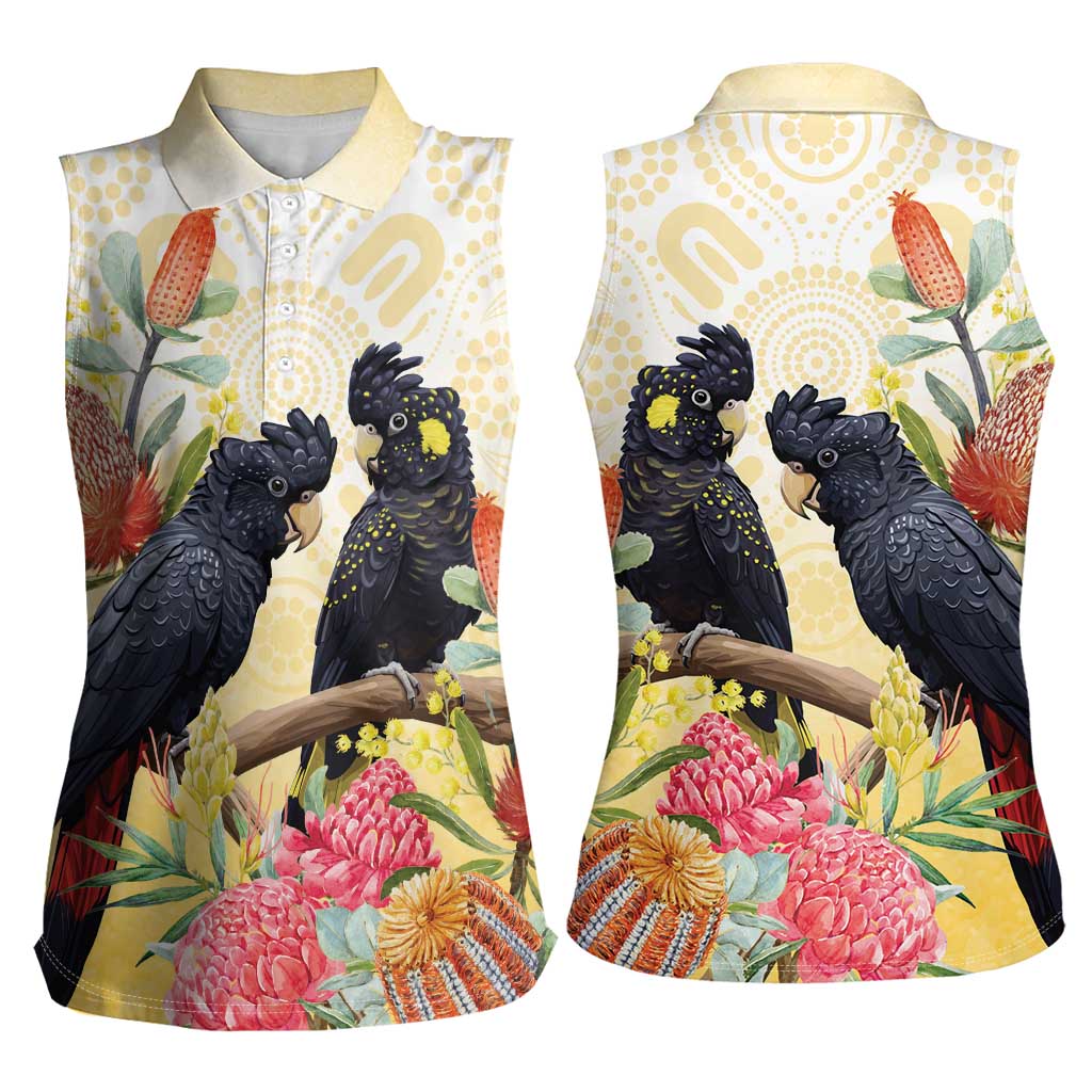 Black Cockatoo Banksia Australia Women Sleeveless Polo Shirt Aboriginal Art