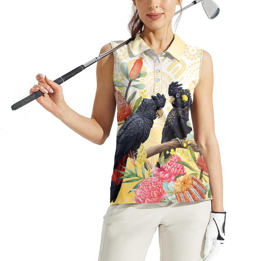 Black Cockatoo Banksia Australia Women Sleeveless Polo Shirt Aboriginal Art