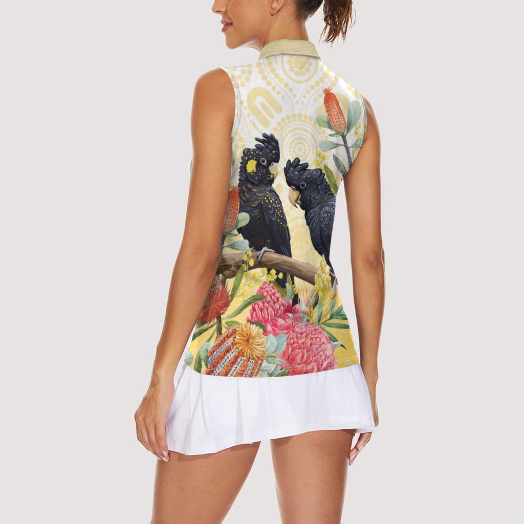 Black Cockatoo Banksia Australia Women Sleeveless Polo Shirt Aboriginal Art