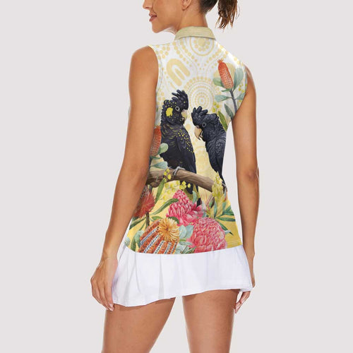 Black Cockatoo Banksia Australia Women Sleeveless Polo Shirt Aboriginal Art