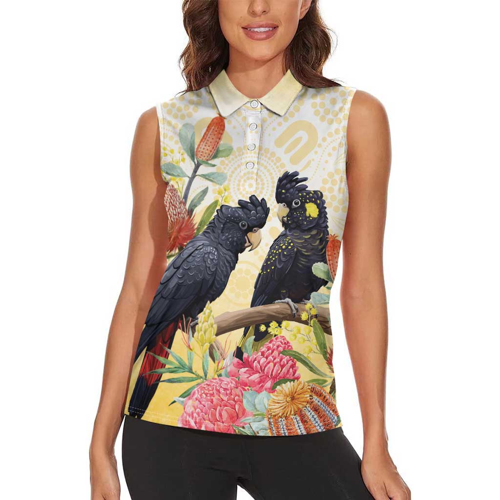 Black Cockatoo Banksia Australia Women Sleeveless Polo Shirt Aboriginal Art