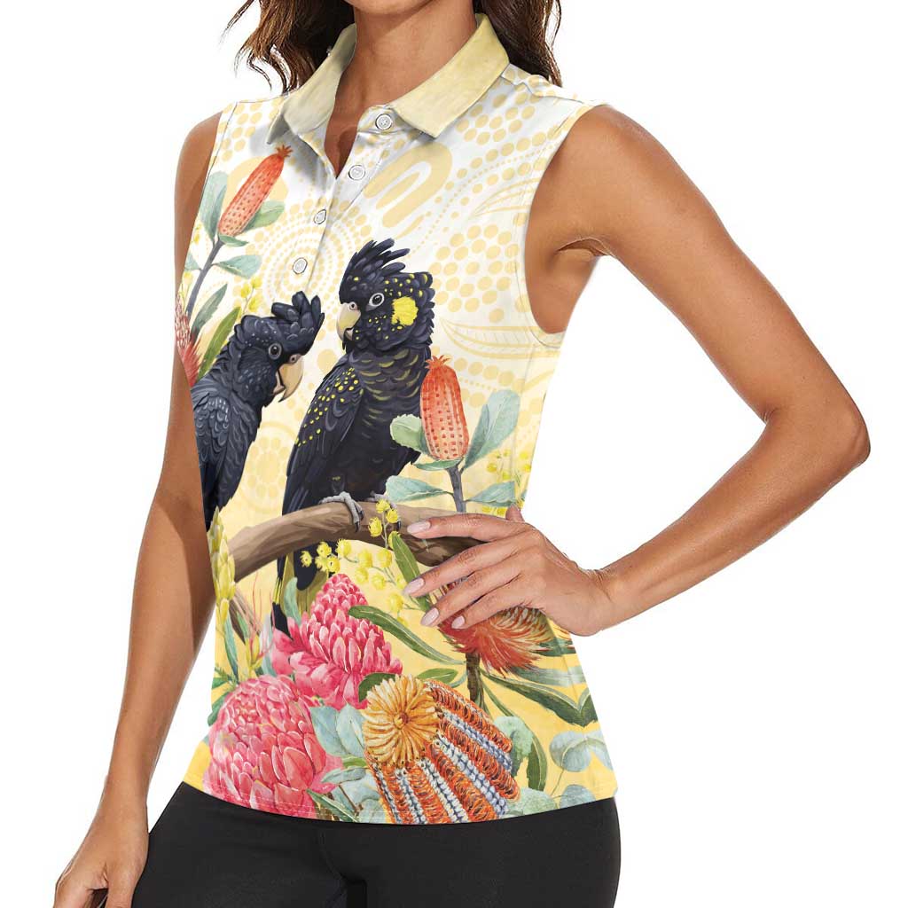 Black Cockatoo Banksia Australia Women Sleeveless Polo Shirt Aboriginal Art