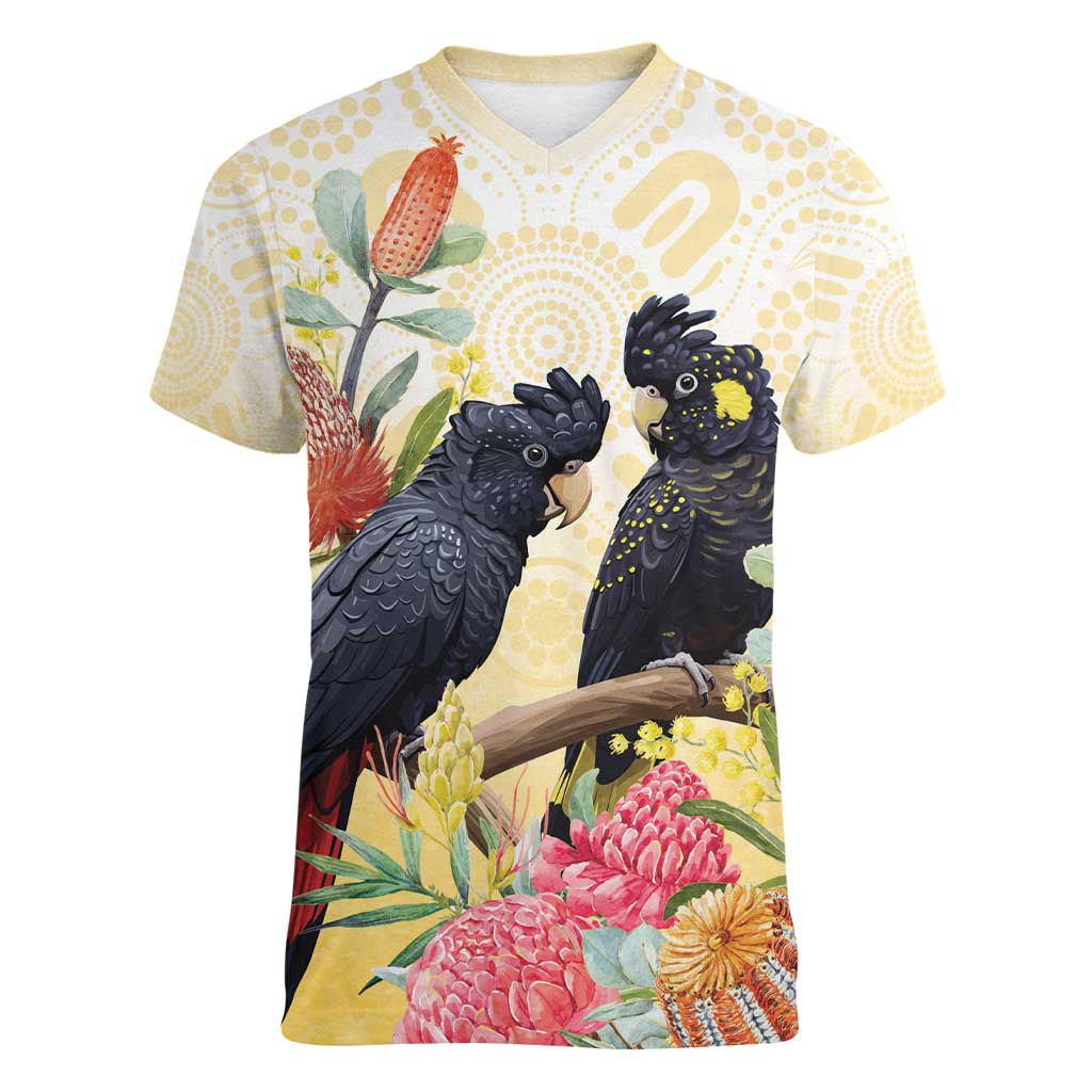 Black Cockatoo Banksia Australia Women V-Neck T-Shirt Aboriginal Art