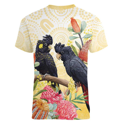 Black Cockatoo Banksia Australia Women V-Neck T-Shirt Aboriginal Art