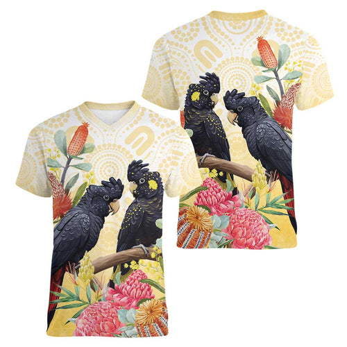 Black Cockatoo Banksia Australia Women V-Neck T-Shirt Aboriginal Art