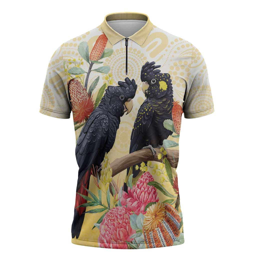 Black Cockatoo Banksia Australia Zipper Polo Shirt Aboriginal Art - Aussie Hoodie