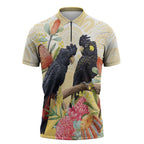 Black Cockatoo Banksia Australia Zipper Polo Shirt Aboriginal Art - Aussie Hoodie