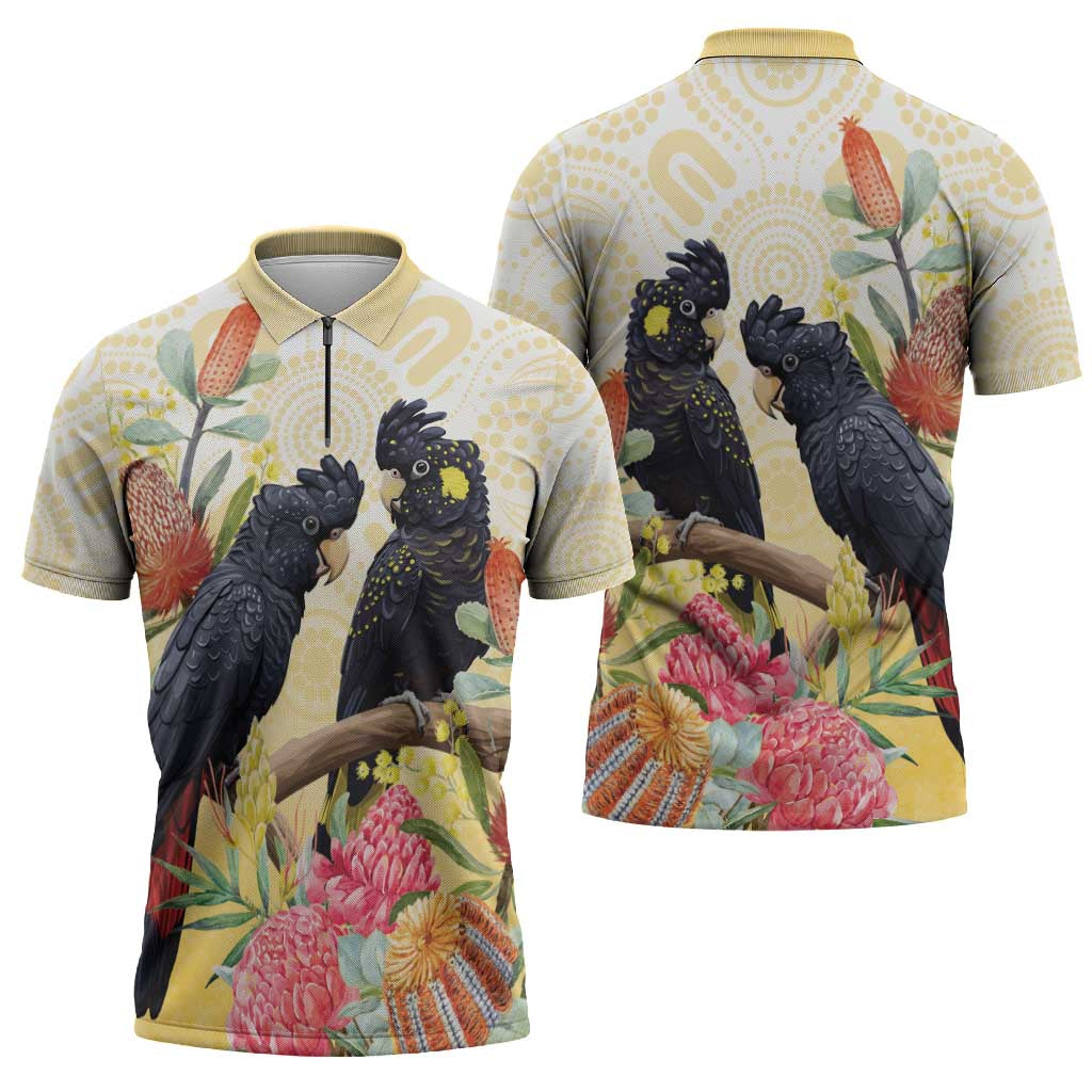 Black Cockatoo Banksia Australia Zipper Polo Shirt Aboriginal Art - Aussie Hoodie