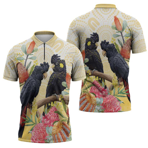 Black Cockatoo Banksia Australia Zipper Polo Shirt Aboriginal Art - Aussie Hoodie