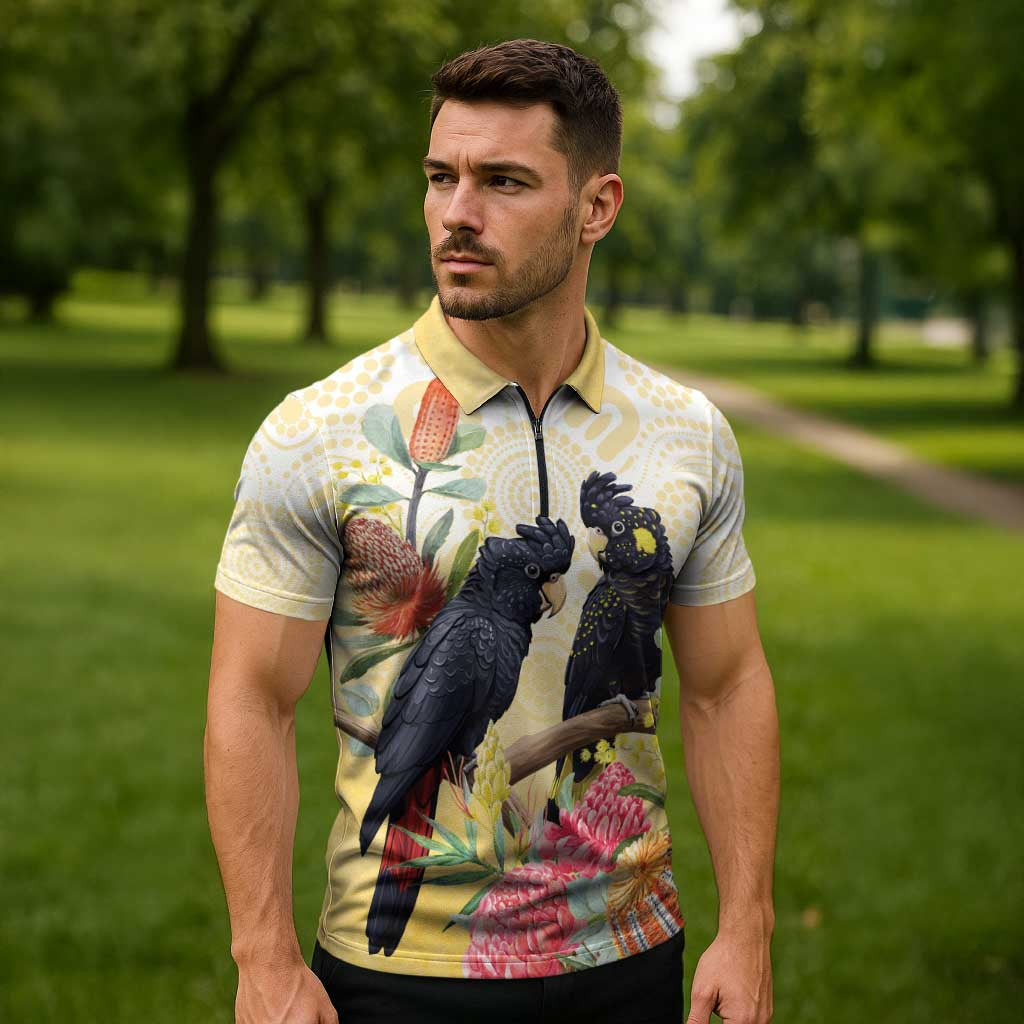 Black Cockatoo Banksia Australia Zipper Polo Shirt Aboriginal Art - Aussie Hoodie