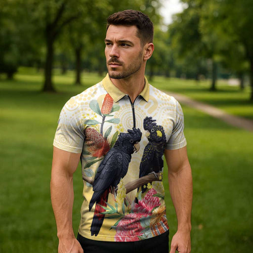 Black Cockatoo Banksia Australia Zipper Polo Shirt Aboriginal Art - Aussie Hoodie