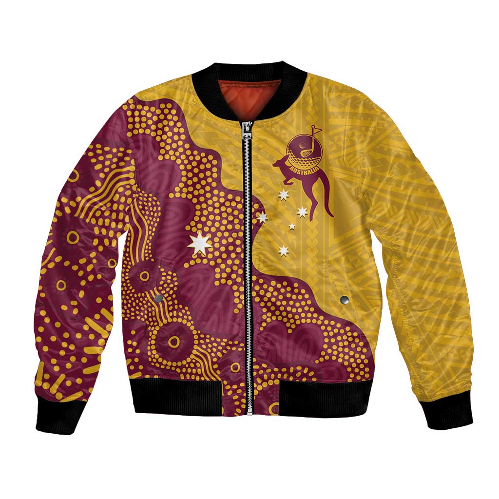 Personalised Australia Golf Bomber Jacket Aussie Kangaroo Aboriginal Polynesian Pattern