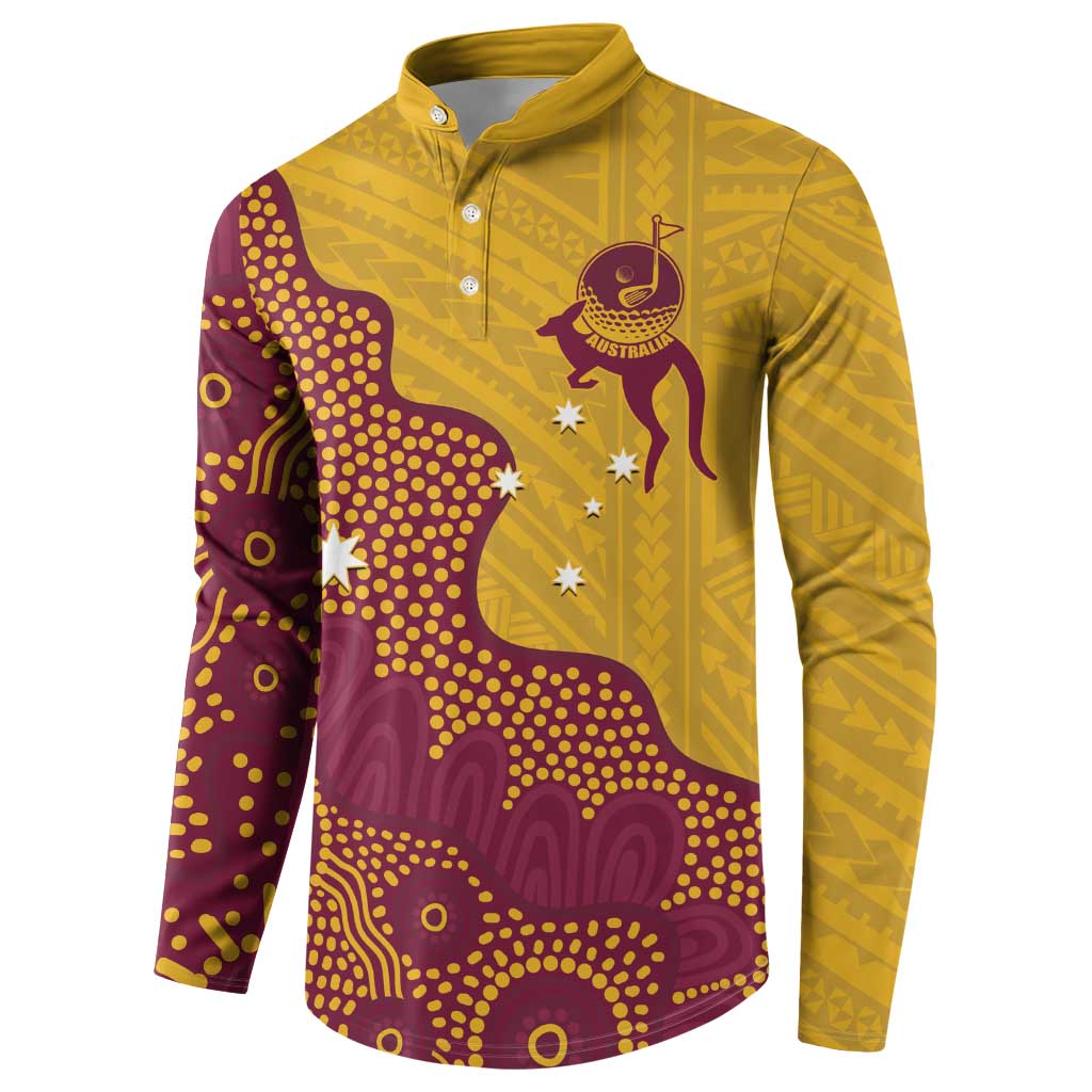 Personalised Australia Golf Button Sweatshirt Aussie Kangaroo Aboriginal Polynesian Pattern