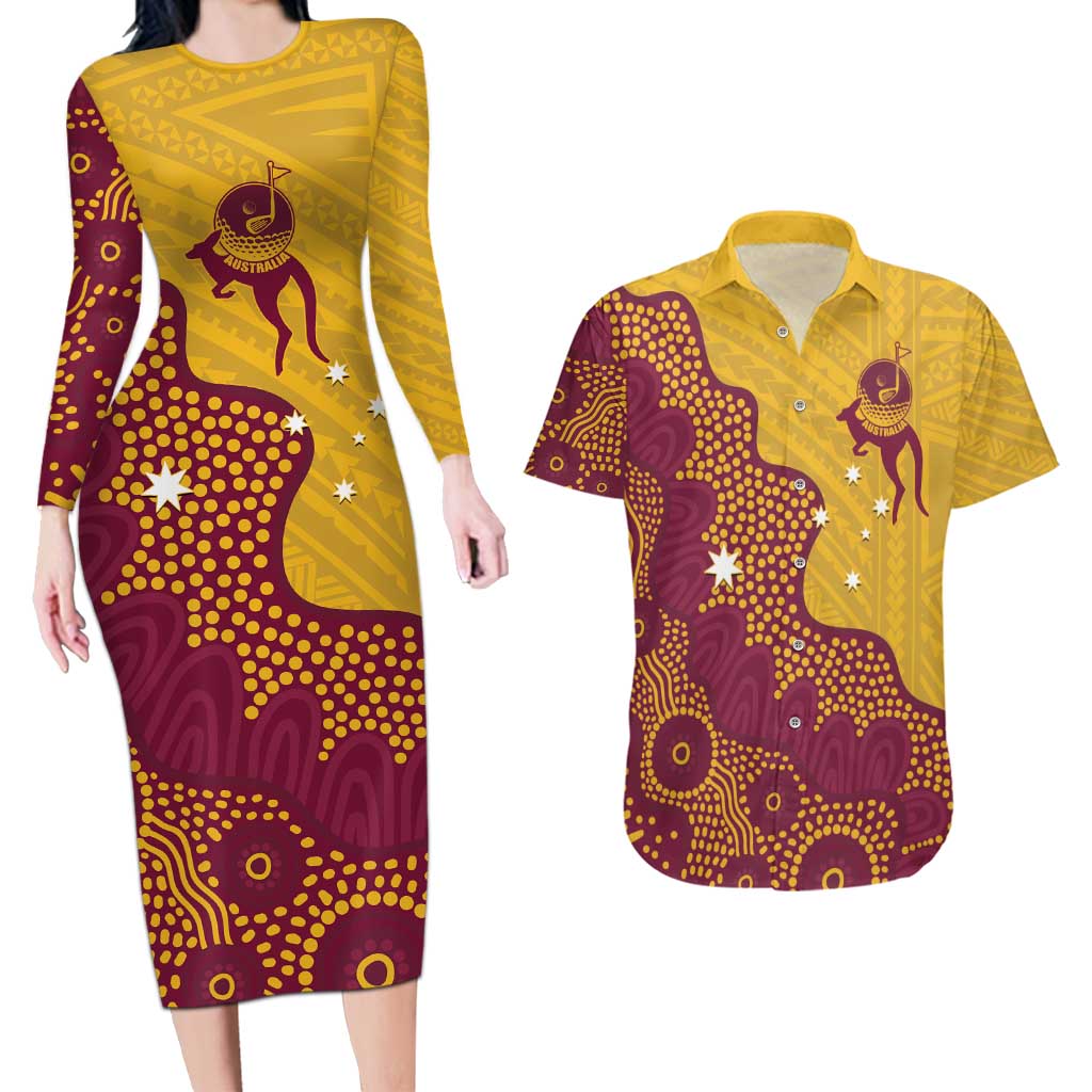 Personalised Australia Golf Couples Matching Long Sleeve Bodycon Dress and Hawaiian Shirt Aussie Kangaroo Aboriginal Polynesian Pattern