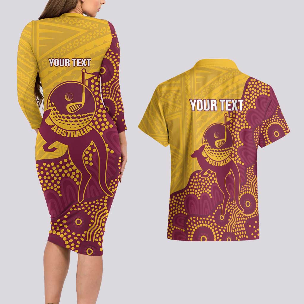 Personalised Australia Golf Couples Matching Long Sleeve Bodycon Dress and Hawaiian Shirt Aussie Kangaroo Aboriginal Polynesian Pattern