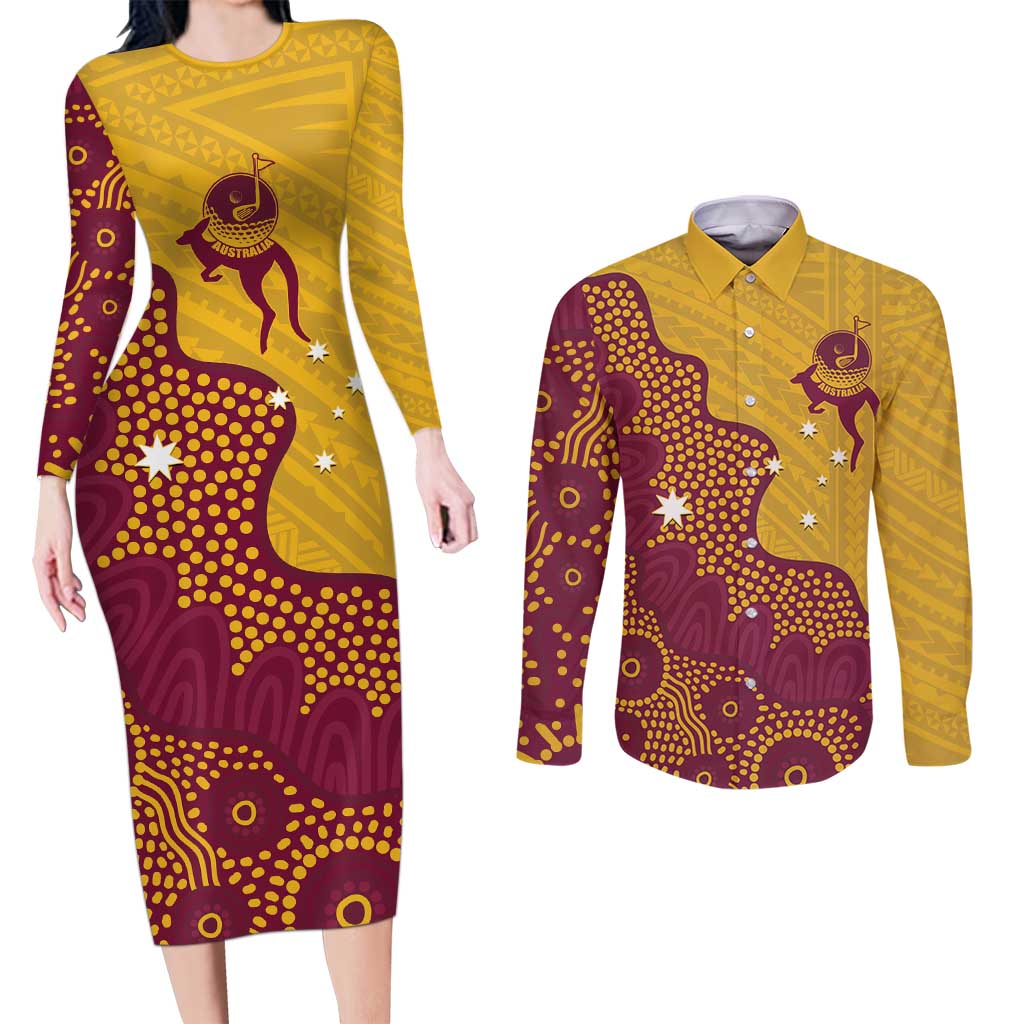 Personalised Australia Golf Couples Matching Long Sleeve Bodycon Dress and Long Sleeve Button Shirt Aussie Kangaroo Aboriginal Polynesian Pattern