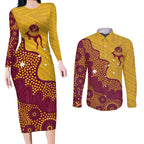 Personalised Australia Golf Couples Matching Long Sleeve Bodycon Dress and Long Sleeve Button Shirt Aussie Kangaroo Aboriginal Polynesian Pattern