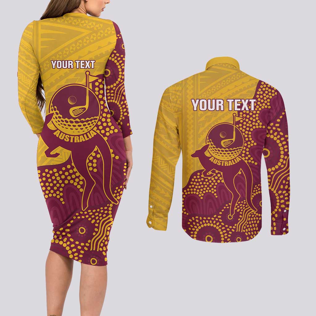 Personalised Australia Golf Couples Matching Long Sleeve Bodycon Dress and Long Sleeve Button Shirt Aussie Kangaroo Aboriginal Polynesian Pattern