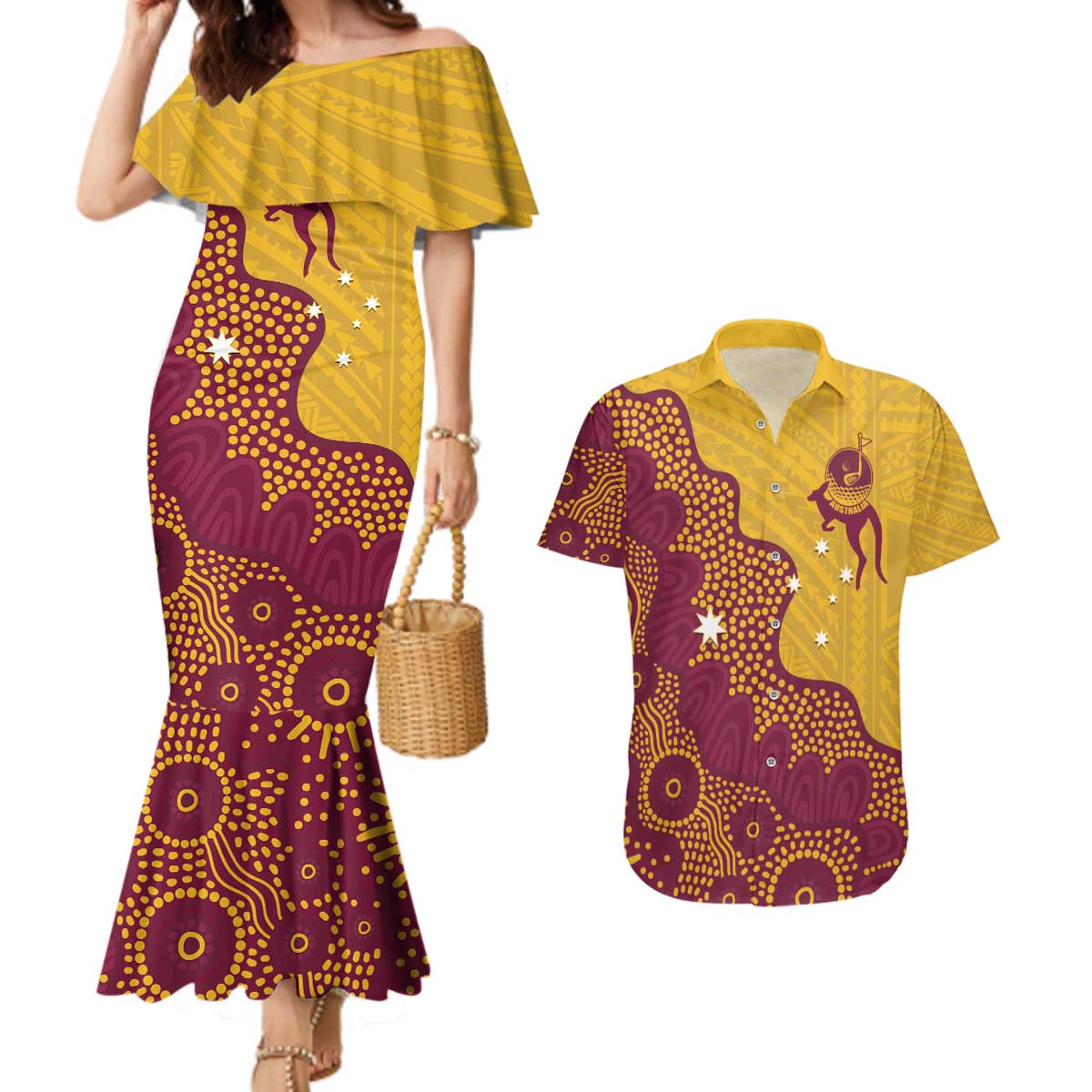 Personalised Australia Golf Couples Matching Mermaid Dress and Hawaiian Shirt Aussie Kangaroo Aboriginal Polynesian Pattern
