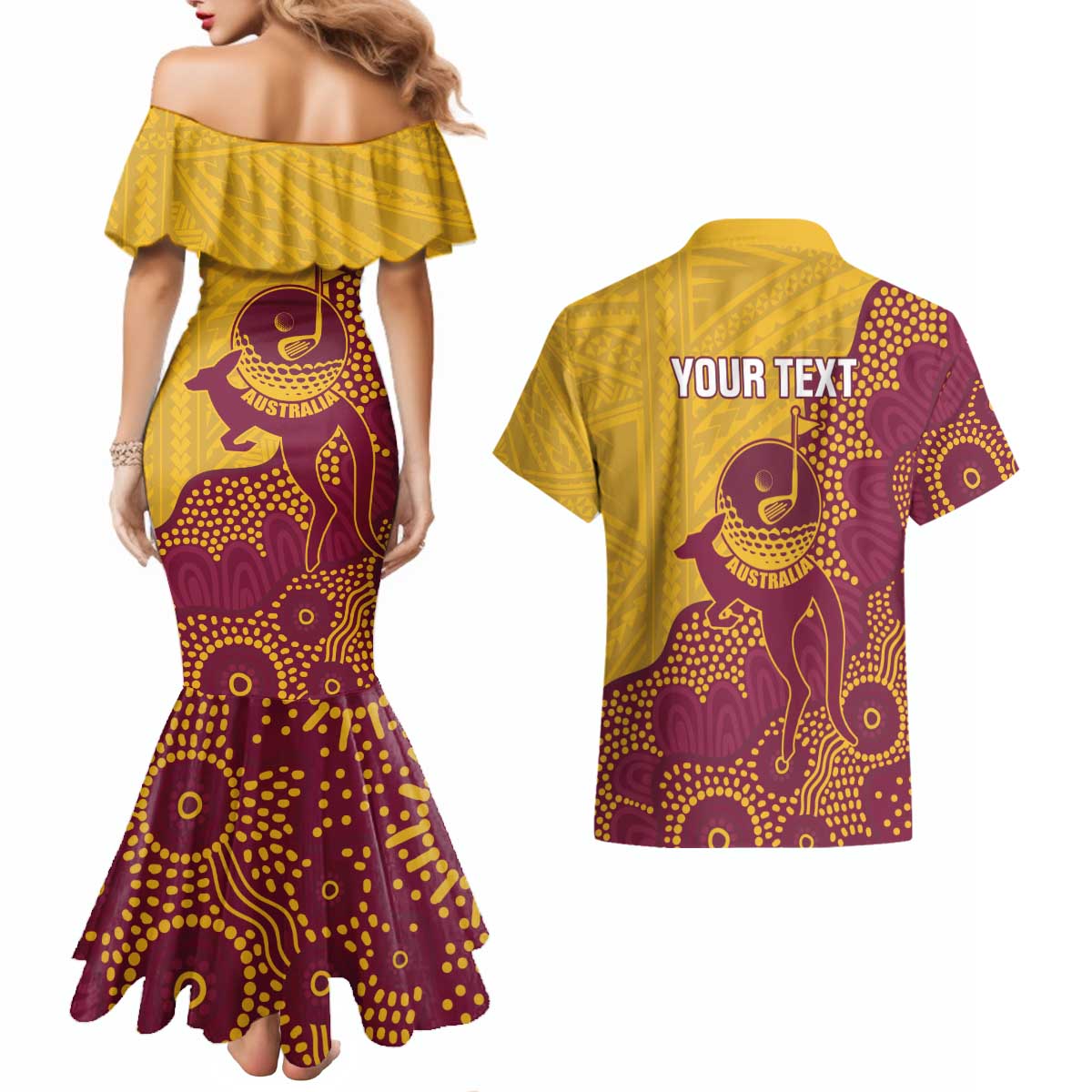 Personalised Australia Golf Couples Matching Mermaid Dress and Hawaiian Shirt Aussie Kangaroo Aboriginal Polynesian Pattern