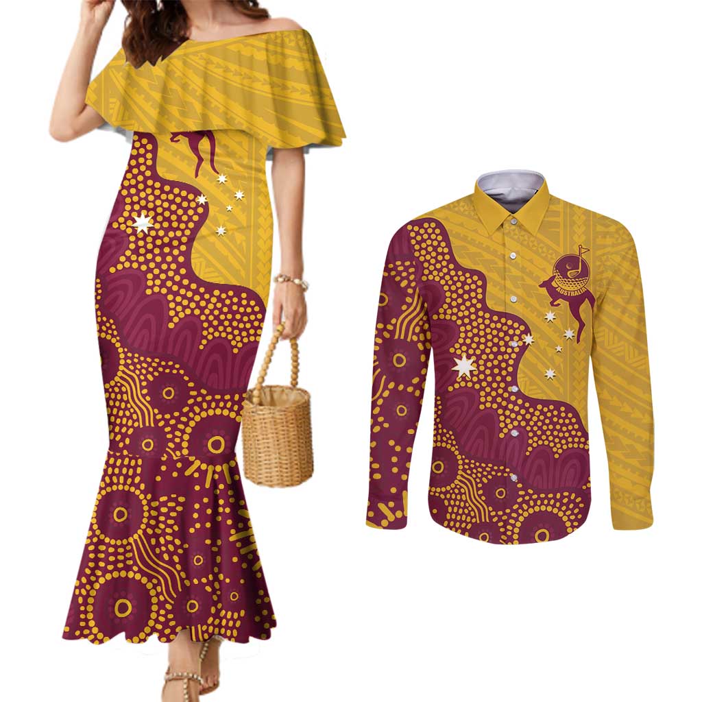Personalised Australia Golf Couples Matching Mermaid Dress and Long Sleeve Button Shirt Aussie Kangaroo Aboriginal Polynesian Pattern