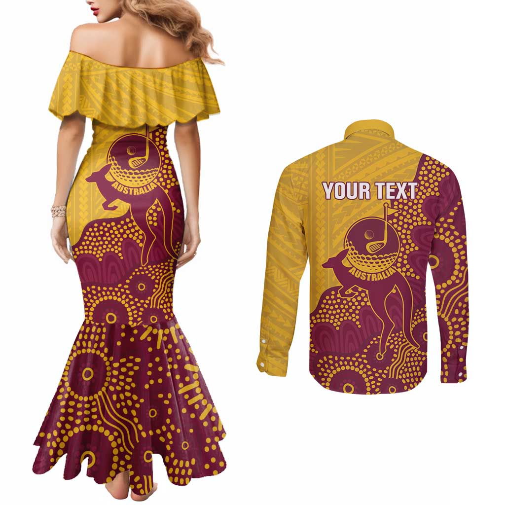 Personalised Australia Golf Couples Matching Mermaid Dress and Long Sleeve Button Shirt Aussie Kangaroo Aboriginal Polynesian Pattern
