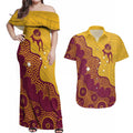 Personalised Australia Golf Couples Matching Off Shoulder Maxi Dress and Hawaiian Shirt Aussie Kangaroo Aboriginal Polynesian Pattern