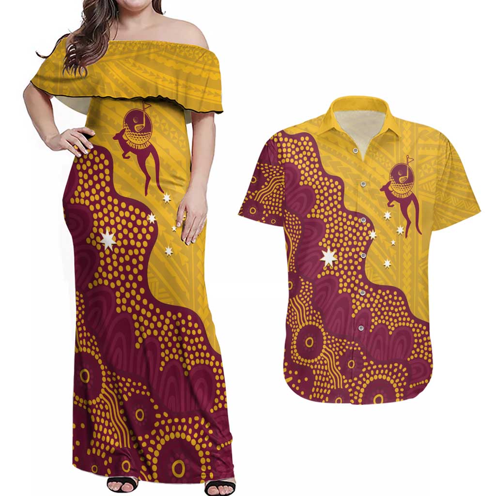 Personalised Australia Golf Couples Matching Off Shoulder Maxi Dress and Hawaiian Shirt Aussie Kangaroo Aboriginal Polynesian Pattern